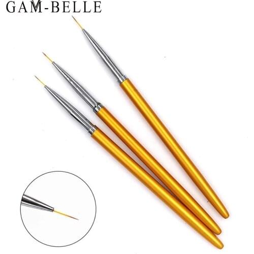 GAM-BELLE 3Pcs/Set Gold Nail Art Line Painting Pen DIY Acrylic UV Gel Nail Brushes Crystal Liner Drawing Pen Manicure Tools
