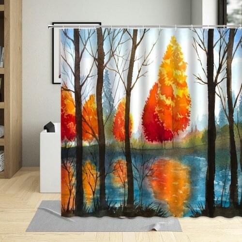 Oil Painting Rural Autumn Scenery Shower Curtain Water Color Forest Country Path Bathroom Curtains With Hooks Waterproof Fabric
