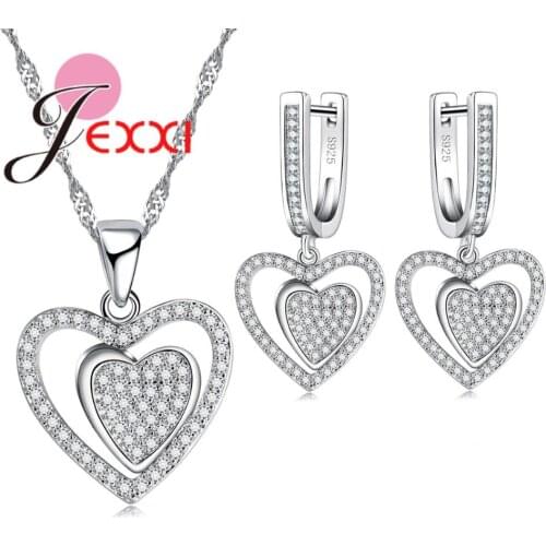 Women 925 Sterling Silver Heart Jewelry Sets For Engagement Accessory Double Heart Full Rhinestone Necklace Earrings Set