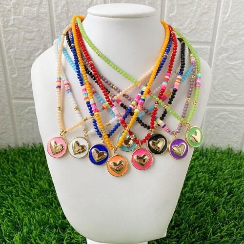 Summer Style Colored Bead Loose Chain Gold Plated Enamel Rainbow Heart Carving Pendant Necklace Jewelry Wholesale