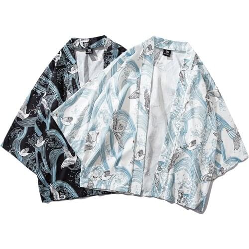 Summer Crane Print Loose Shirt Tops Women Harajuku Cardigan Japanese Kimono Casual Woman Man Coat Couple Yukata Jackets 2021