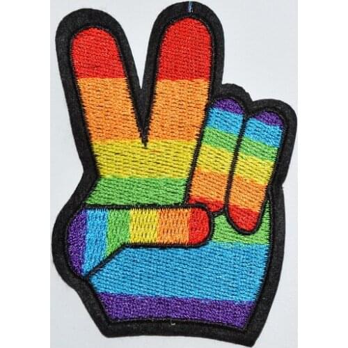 Hot! V Sign Victory Hand LGBT Rainbow Finger Hippie Peace applique iron on patch Biker Vest Patch (size is about 6.5 * 8.5 cm)