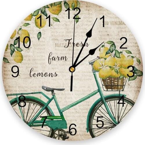 Lemon Bicycle Retro Old Newspaper Round Wall Clock Modern Design Home Living Room Decoration Childrens Room Kitchen Table Clock