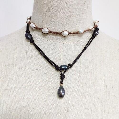Fashion wild classic long knotted leather necklace high quality black freshwater pearl mens vintage necklace 2020 new charm