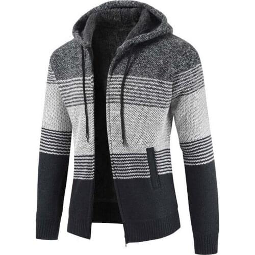 Mens Sweater Coat 2020 Autumn Winter Thick Warm Hooded Stripe Wool Sweater Cardigan Jumpers Zipper Fleece Coat Men