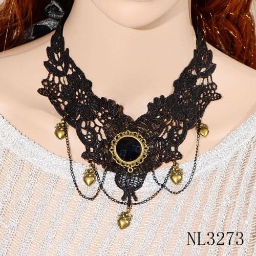 New Black Chain Lace Vintage Alloy Metal Heart Pendant Necklace Choker for Women Gothic Flower Accessories NL3273