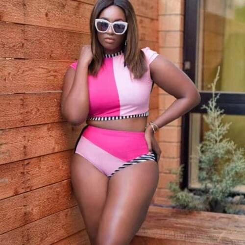 New Women Swimsuit Plus Size Multicolor Stitching High Waist Plus Fat Bikini Oversized Woman Swimwear Beach Bikini Suit