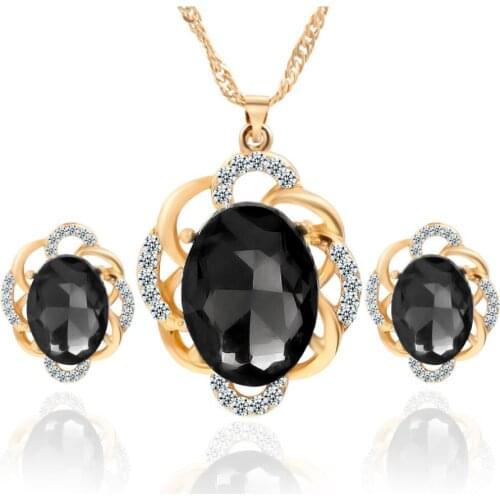 Earring Necklace Jewelry sets blue black crystal pendant oval-shape gold color plated metal chain at the party