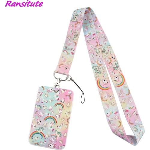 Ransitute R1650 Cartoon Rainbow Lucky Horse Lanyard Credit Card ID Holder Student Travel Bus Business Card Cover Badge Gifts