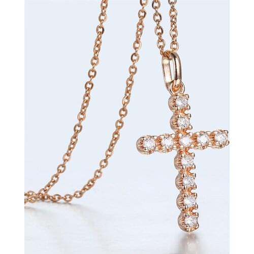 Rose Gold Color Cross Pendant Necklaces Crystal Cubic Zirconia Rolo Cable Link Chain Female Shiny Jewelry Gifts For Women GP408