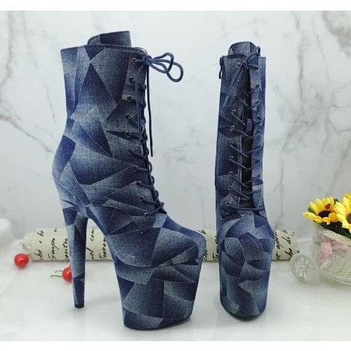 Leecabe Newest 20CM/8inches Pole dance boot with denim High Heel platform Boots open toe Pole Dancing boot