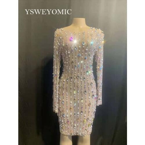 2019 New Design Rhinestones pearls Mesh Dress Birthday Celebrate Stretch Dress See Through Outfit Singer Prom Party Performance