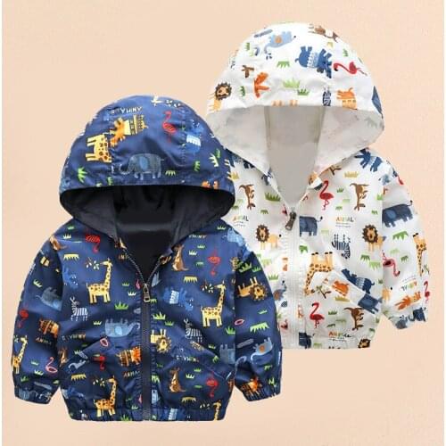 Baby Boys Spring/Autumn Zipper Jacket Childrens Cartoon Print Hooded Thin Coat Boys Outdoor Clothing 90-130cm Multi Colors
