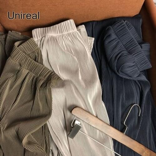Unireal 2021 Summer Women Pleated Pants Trousers Vintage Elegant Lady Palazzo Pants High Waist Wide Leg Pants
