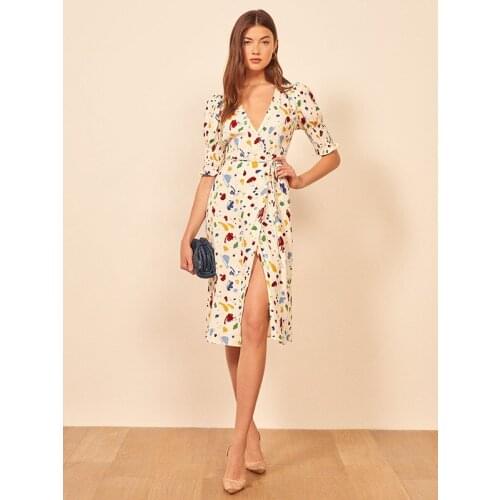 2020 J Summer Plus Size Womens Dress Sexy Deep V-neck Bohemian Printed Nine-point Sleeve Lace Dress Ladies Party A-line Dress