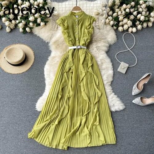 Women Pleated Maxi Dress Autumn Sleeveless Elegant A-line Dresses Korean Fashion Streetwear Long Dress