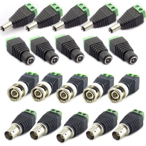 10pcs 12V 2.1*5.5mm DC BNC Male Female Adapter Coax CAT5 Video Balun Plug Connector for Led Strip Lights CCTV Camera Accessories