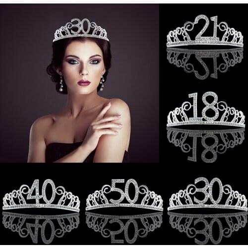 18 21 30 40 50 Birthday Party Adult Crystal Rhinestone Tiara Princess Crown Girls Hairbands Accessories Decoration