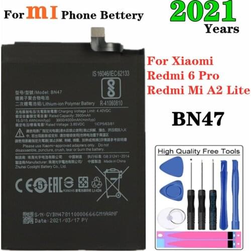 2021 BN47 Battery For Xiaomi Redmi Mi A2 Lite,Redmi 6 Pro Mobile Phone Battery High Capacity 4000mAh Replacement Batteries +Tool