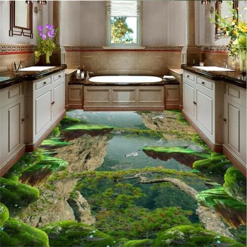 Beibehang Wallpaper custom floor, forest valley mountain peak three-dimensional bathroom kitchen thickening 3D floor Wallpaper