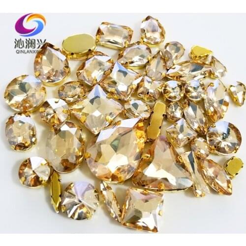 58pcs/pack Gold base champion mix shape top crystal glass sew on stones,Super flash claw rhinestone diy/Clothing accessories