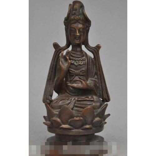 Free shipping S00529 7"old Chinese Buddhism Bronze Lotus kwan-yin guanyin Bodhisattva buddha Statue