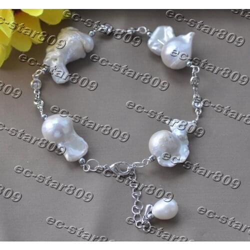 Z11250 8"~10" 22mm White Baroque Keshi Pearl CZ Chain Bracelet Woman Fashion Jewelry