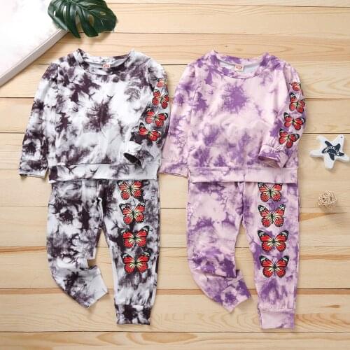 OPPERIAYA 2Pcs Kids Autumn Tracksuit Butterfly Print Tie-Dye Long Sleeve Sweatshirt Elastic Waist Pants for Baby Girls 2-6 Years