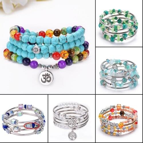 Natural Stone Turquoise Multilayer Bracelet Boutique Seven Chakra Yoga OM Tree of Life Necklace Lotus Pendant Crystal Bracelet