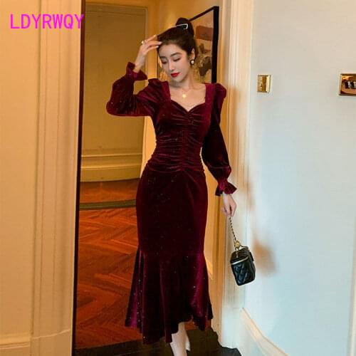 2021 New vintage wine red gold velvet dress autumn and winter high-end temperament French waist thin