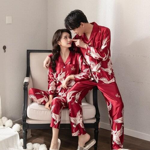 Crane Pajama suit Satin Pajamas Sets Couple Sleepwear Family Pijama Lover Night Suit Men & Women pyjamas robe & gown