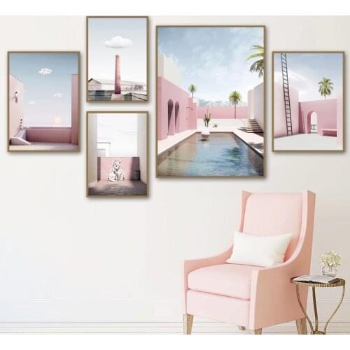 Blue Sky Swimming Pool Posters HD Prints Canvas Painting Pink Building Nordic Wall Art Pictures For Living Room Decor