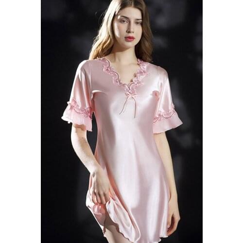 Silk Pajamas Women Nightdress Short Sleeve Loose Spring Autumn Plus Size Lace Sexy Summer Mulberry Silk Nightwear