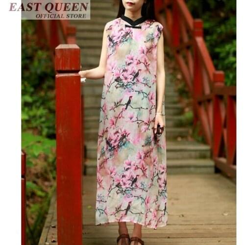 Chinese traditional women gown sleeveless chiffon oriental floral print clothes long side split vintage loose gown DD819 L