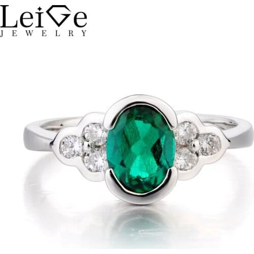Leige Jewelry Emerald Engagement Ring Emerald Ring May Birthstone Oval Cut Green Gemstone Real 925 Sterling Silver for Women