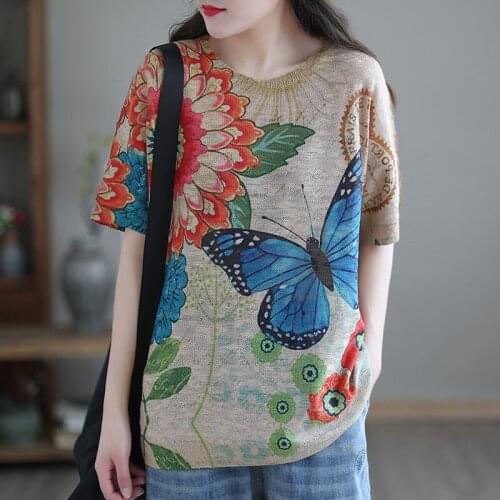 Lamtrip Unique Butterfly Elegant Lady Comic Print Knitted Cotton Short Sleeve Retro Tee T-Shirt Women Top 2021 Summer