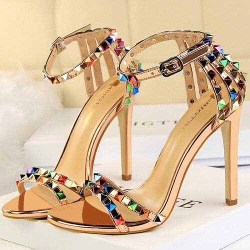 2021 Women 11cm High Heels Rivets Studded Sandals Lady Sandles Stiletto Glossy Pumps Stripper Summer Fetish Strappy Dress Shoes