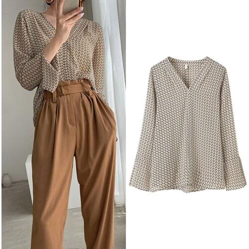 Women Long Sleeve Blouses Summer Print Chiffon Blouse Vintage V Neck Street Shirts
