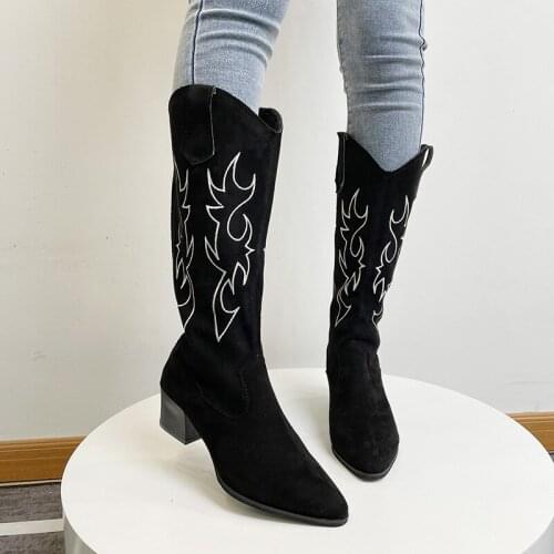 2021 Winter Brand Women Cowboy Boots Ladies Pointed Toe Slip On Western Boots Square Low Heel High Quality Knee-high Boot