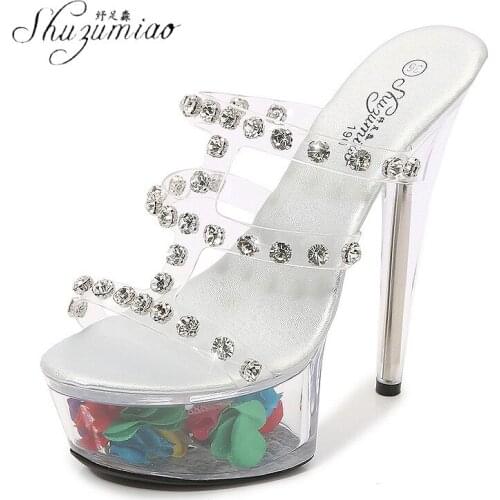 SHUZUMIAO Summer High Heels Women Shoes Fashion Transparent Heels Sexy Hollow Breathable Slippers Female Heels Slides Silver