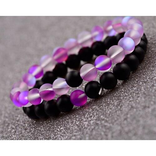 2019 Couple Bracelet Womens MoonStone Beaded Elastic Purple Distance Bracelet Lover Men Bileklik Pulseras AB234