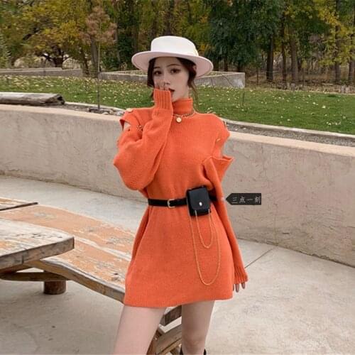 Off Shoulder Sweater Women Winter 2020 Fashion High Collar Buttons Belt Hollow Out Pullover Solid Color Casual Knitwear Jumpers