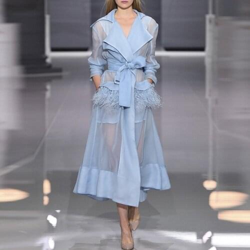 New Runway Summer Lace Up Windbreaker Dress Women Long Sleeve Feather Pockets Sexy Party Mid Dresses Female Elegant Clothes 2020