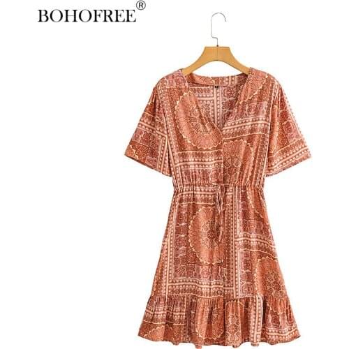 Retro V-neck Printed Short Sleeve Hippie Dress Woman Loose Casual Womens Clothing Rayon Cotton Holiday Short Dress