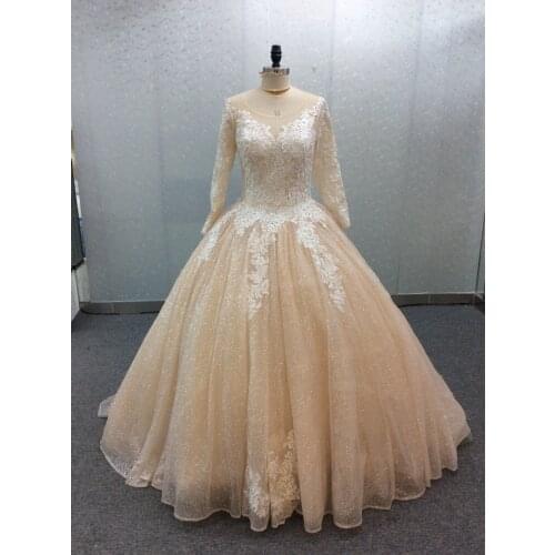 Elegant Long Sleeve Lace Champagne Wedding Dresses O-Neck Backless Custom Sweep Train Muslim Bridal Gown For Women