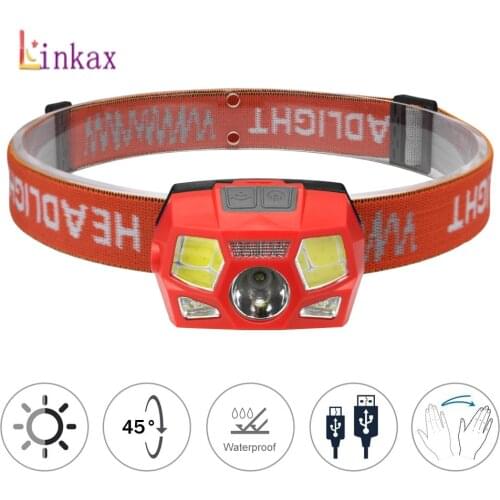 2*COB+1*XPE Headlamp Motion Sensor Light Work Light with 45° Rotatable Head Elastic Adjustable Straps USB Rechargeable Headlight