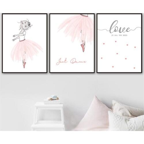 Abstract Ballet Girls Wall Art Poster Pink Dress Toe Shoe Print Love Heart Canvas Painting Nordic Pictures Baby Kids Room Decor