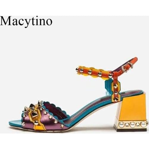 New Purple Designer Women Chunky High Heels Sandals Rivets Wedding Shoes Woman Comfortable Summer Genuine Leather Dress Shoes