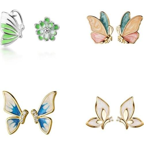 INZATT Real 925 Sterling Silver Blue Enamel Butterfly Stud Earrings For Fashion Women Party Cute Fine Jewelry Accessories