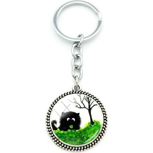 JWEIJIAO Cartoon Black Cat Fashion Pattern New Cabochon Glass Pendant Keychain Round Glass Gemstone Keychain Metal Jewelry Daily